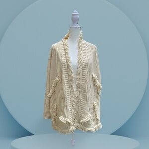 Anthropologie Fringe Knit Cardigan – Cream | Open Front | Size S | NWT